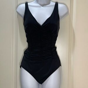David London Black One-Piece Swimsuit Ruched Size 10